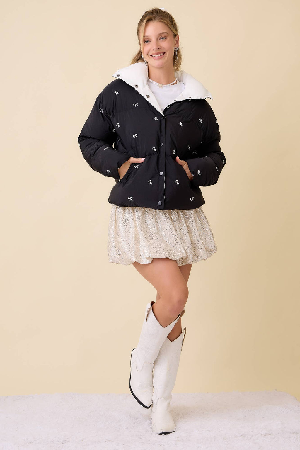 Ribbon Bow Embroidered Puffer Jacket - BFF Here