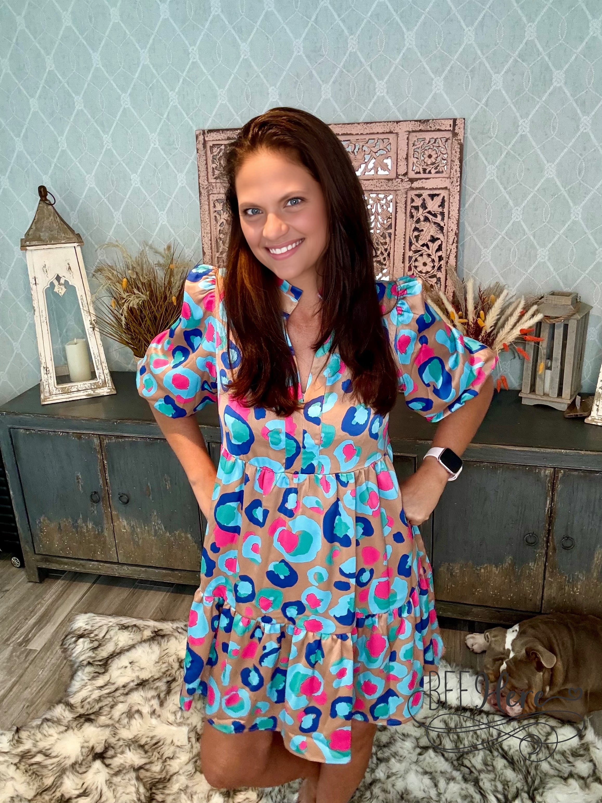 Palette Pop: Abstract Leopard Ruffle Dress - BFF Here