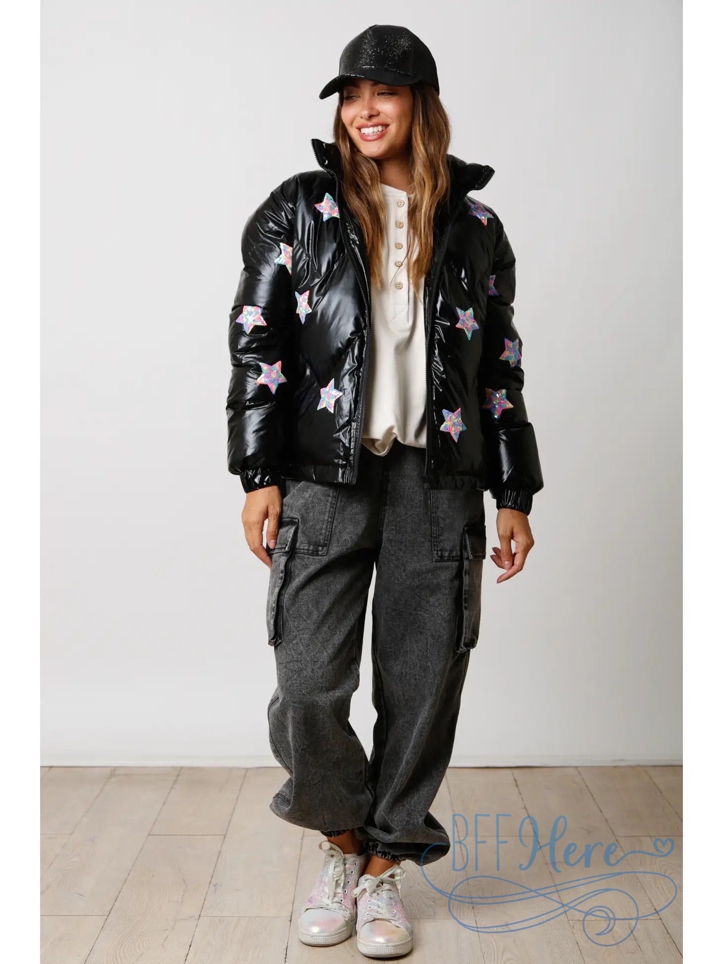 Twinkling Galaxy Sequin Star Puffer Jacket / Choice of Color - BFF Here