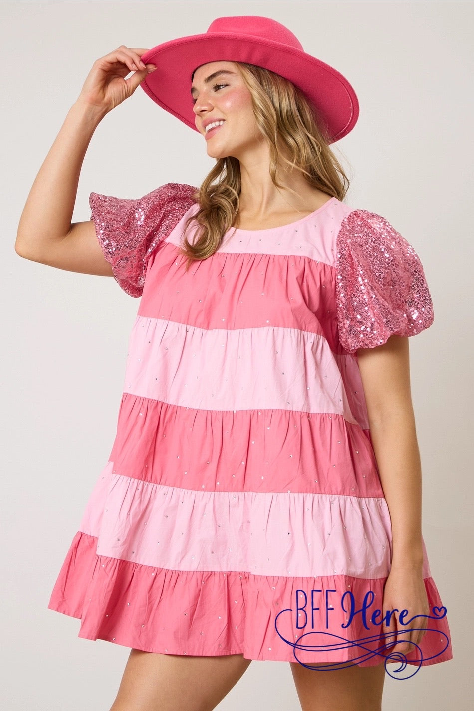 Blushing Layers: Pink Color Block Sequin Tiered Dress - BFF Here