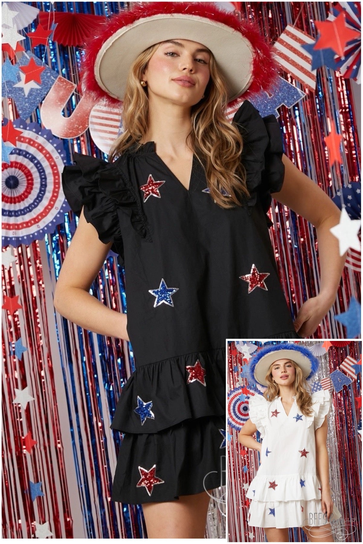 Star-Spangled Ruffle Dress: Patriotic Elegance / Choice of Color - BFF Here