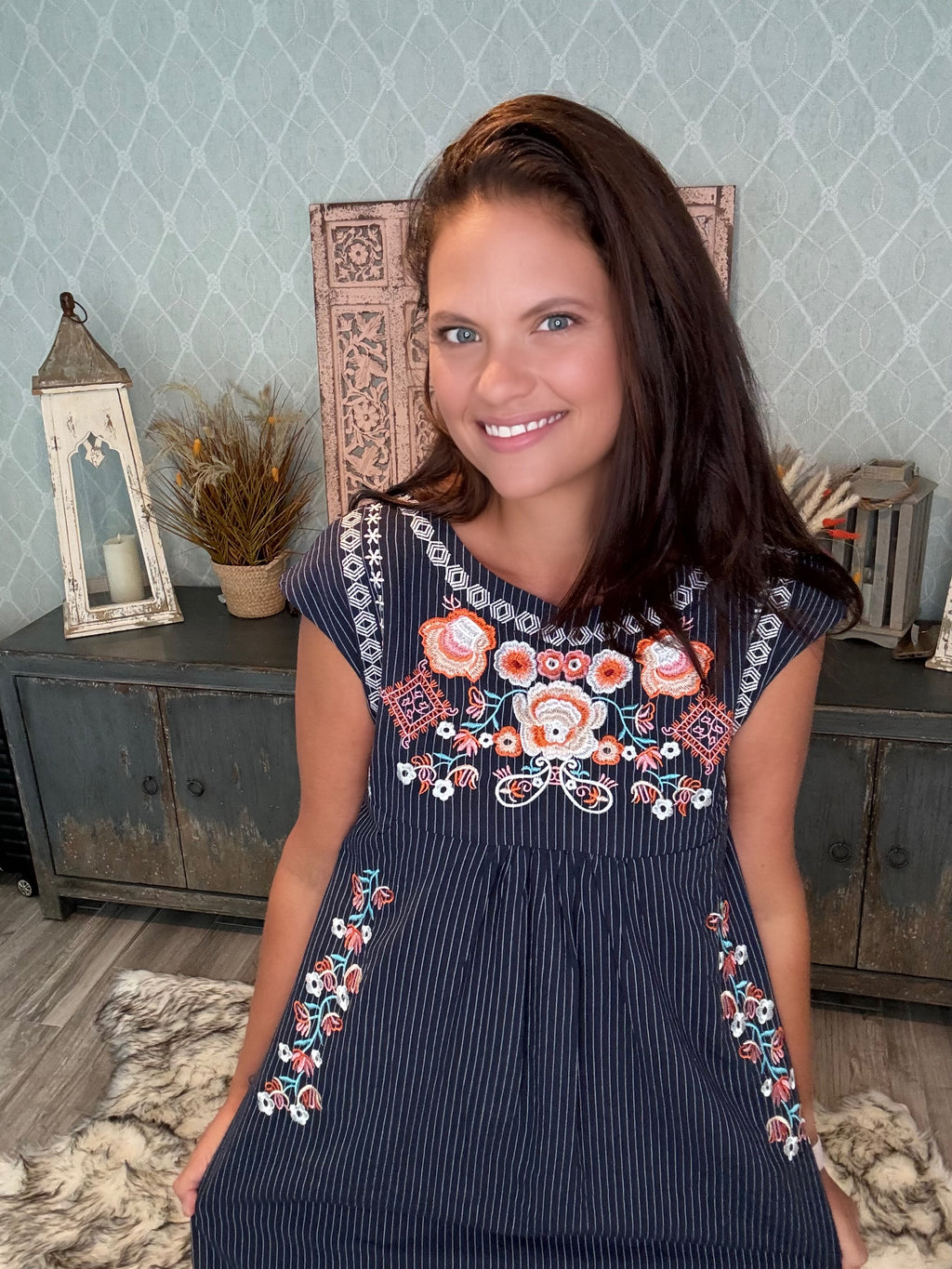 Folk Flair: Navy Sundress with a Pop of Floral Embroidery - BFF Here