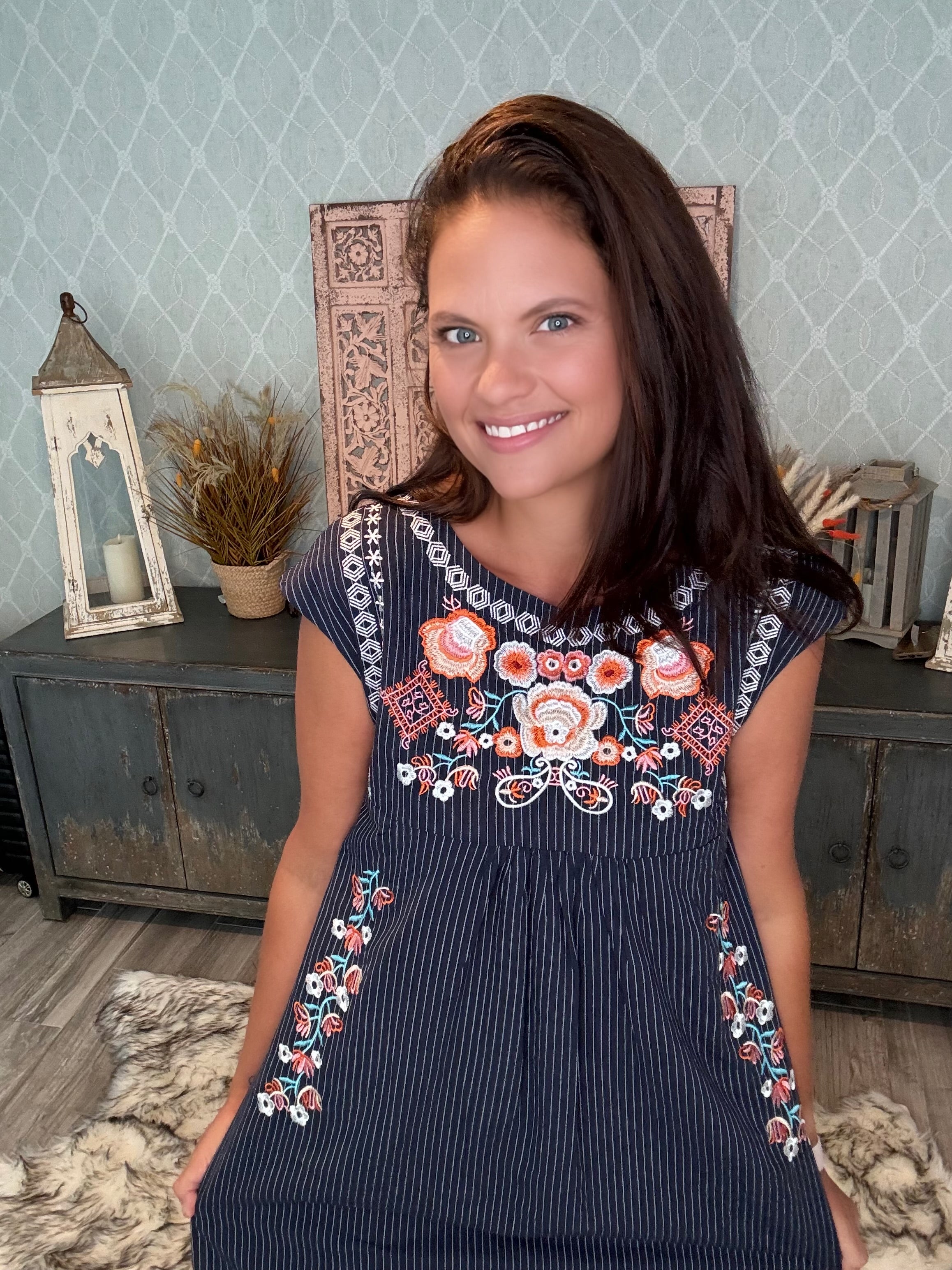 Folk Flair: Navy Sundress with a Pop of Floral Embroidery - BFF Here