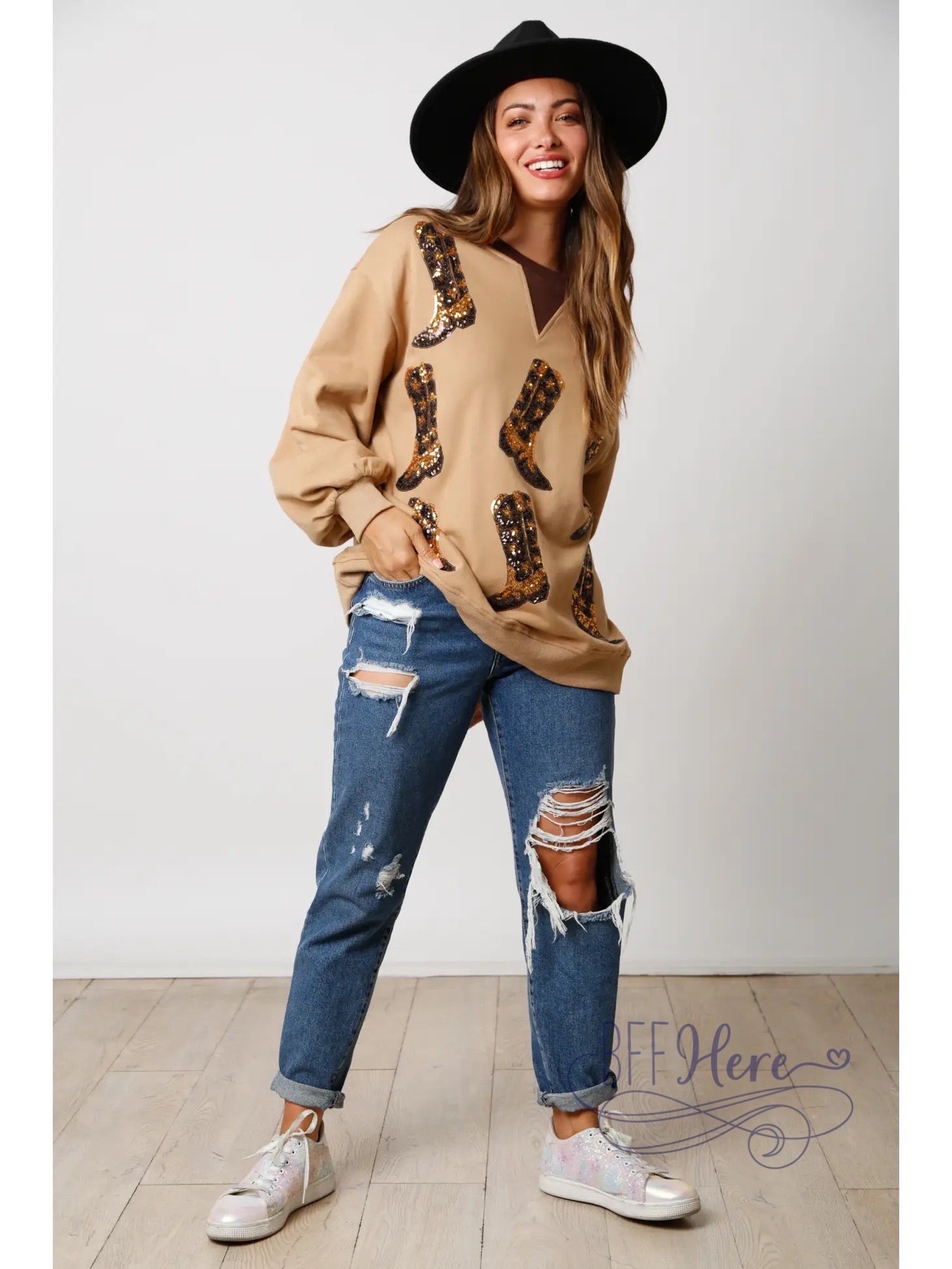 PREORDER: Sequin-Embellished Western Boot Color Block Pullover: Casual Meets Couture in Comfort (Ships Middle of September ) - BFF Here