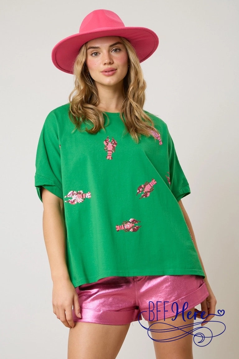 Ocean Glam: Lobster Sequin Patch T-Shirt - BFF Here