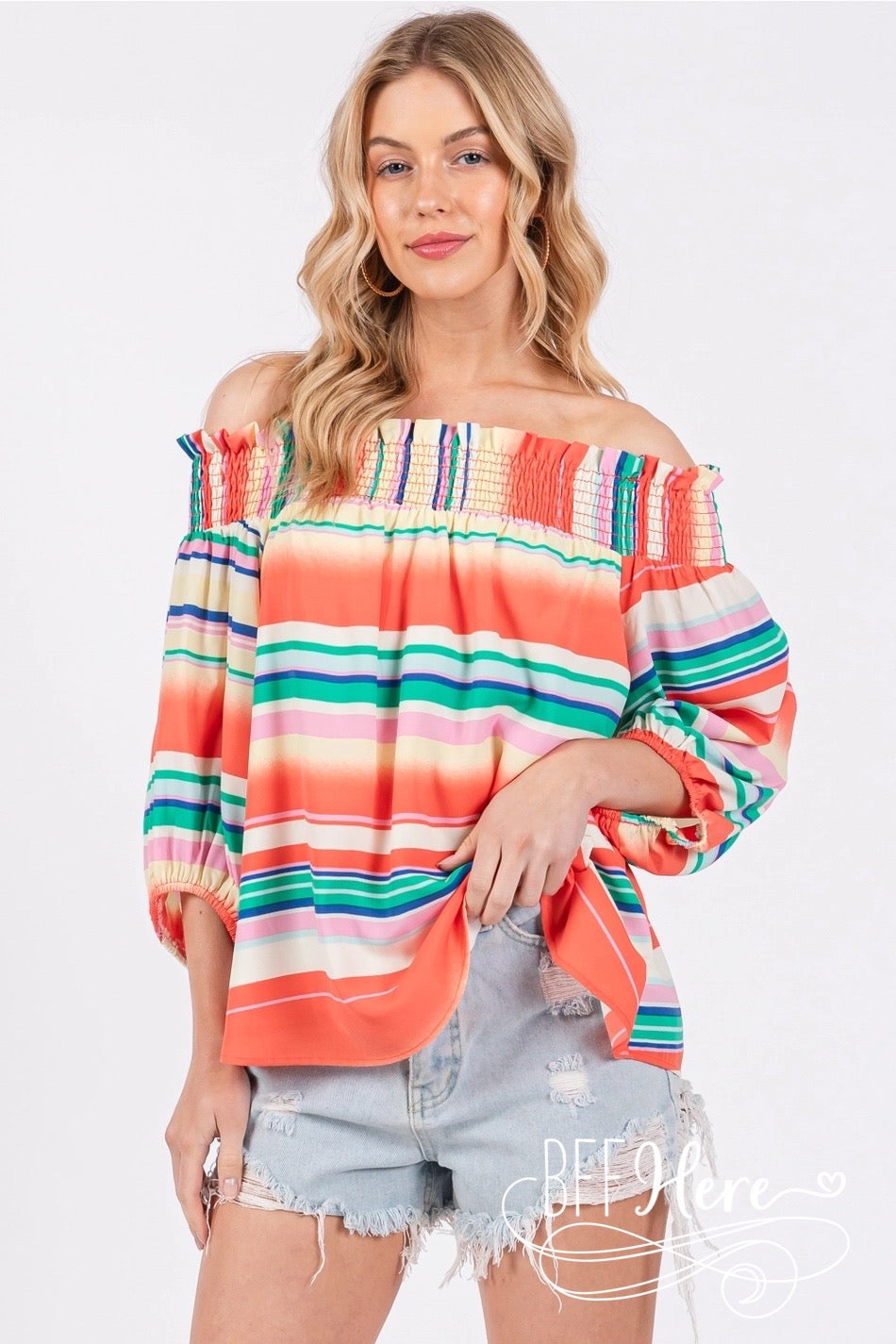Sunset Stripes: Off-Shoulder Boho Blouse / Choice of Color - BFF Here