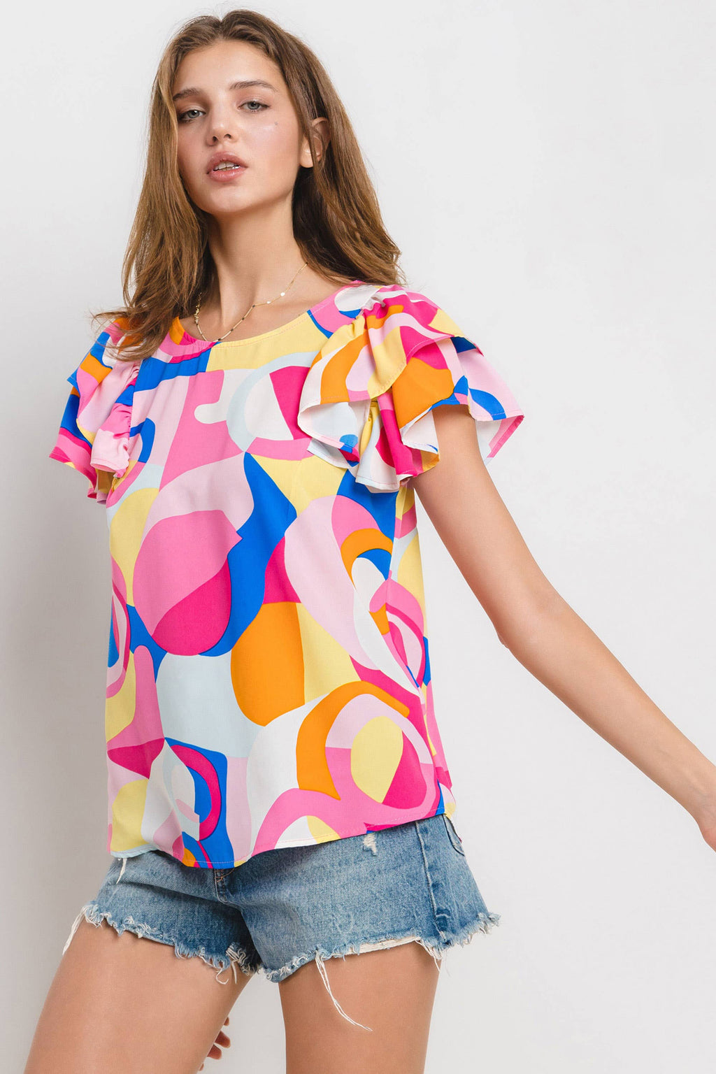 Abstract Sunshine Geometric Ruffle Sleeve Top / Choice of Color - BFF Here