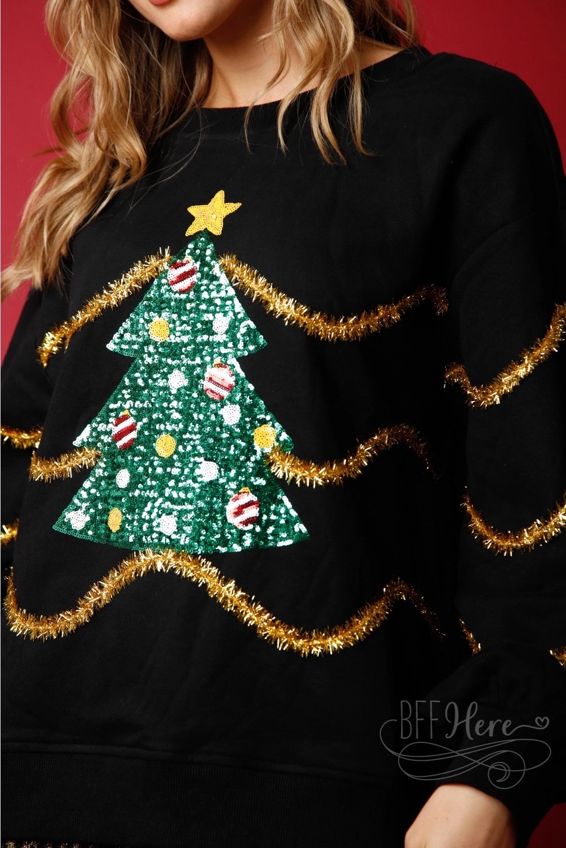 Deck the Halls: Christmas Tree Sequin and Lurex Stripes Sweatshirt - BFF Here