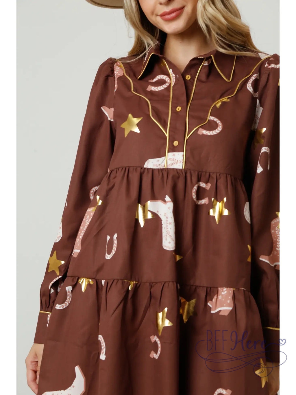 PREORDER: Country Charm: Boot & Horseshoe Print Shirt Dress (Ships Beginning of November) - BFF Here