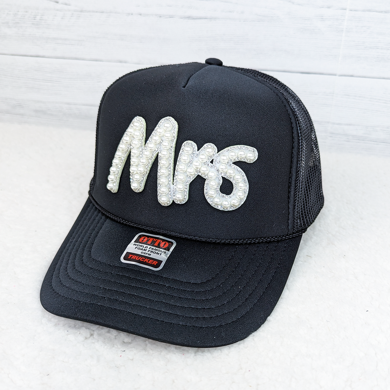 Wifey Glam Pearl Studded Black Trucker Hat - BFF Here