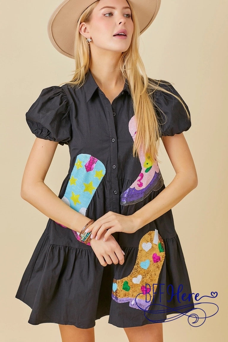 PREORDER: Midnight Sparkle: Black Dress with Sequin Boots (Ships Middle of February) - BFF Here