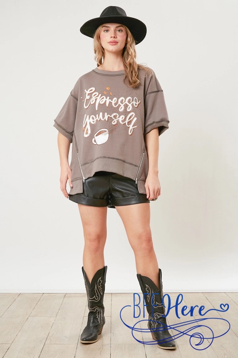 PREORDER: Caffeine Chic: 'Expresso Yourself' Zipper Detail Top / Choice of Color (Ships End of February) - BFF Here