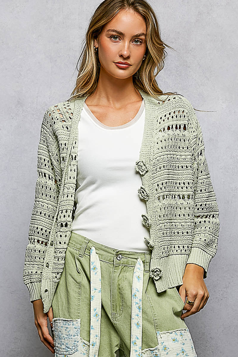 Preorder: 3D Floral Buttons Long Sleeve Thin Sweater Knit Cardigan by POL (ETA: May) - BFF Here