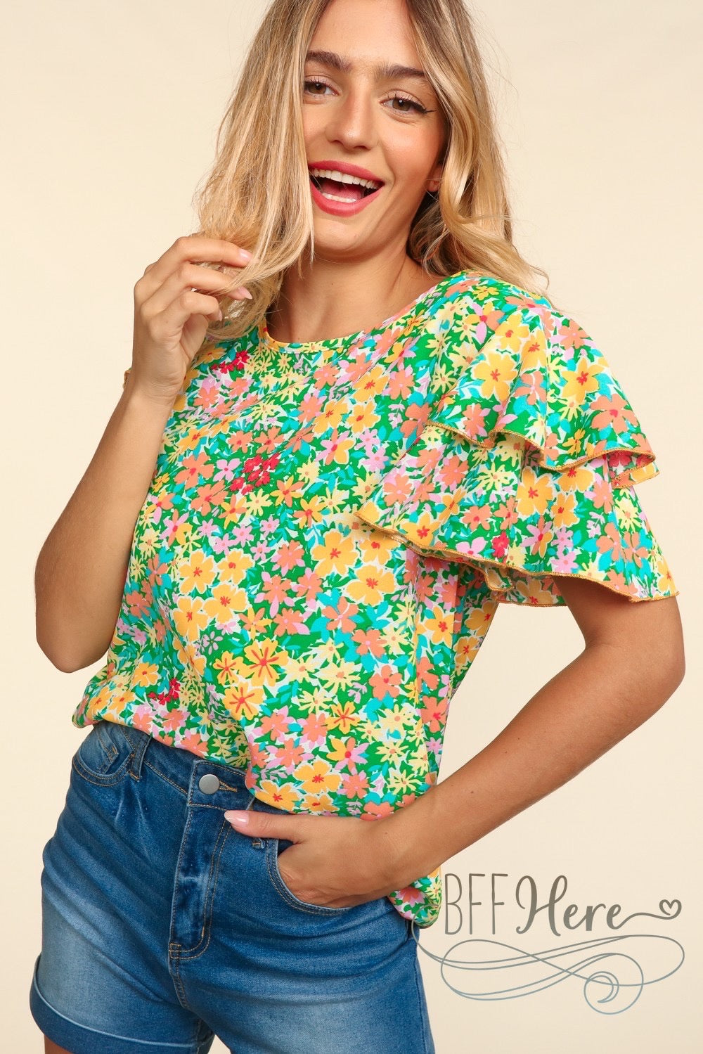 Sunshine Bloom Ruffle Tee - A Floral Embrace - BFF Here