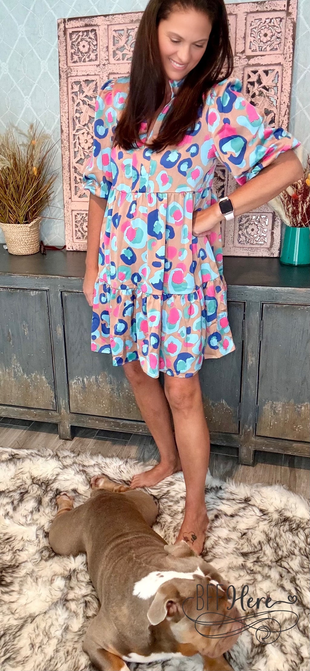 Palette Pop: Abstract Leopard Ruffle Dress - BFF Here