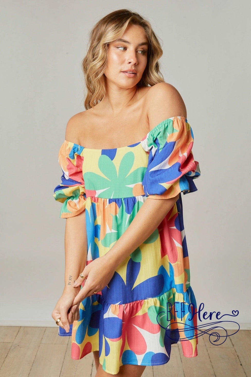 Blooming Spectrum: Multicolor Floral Print Mini Dress - BFF Here
