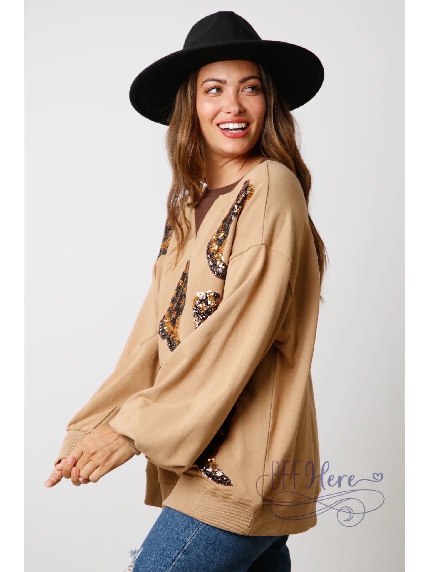 PREORDER: Sequin-Embellished Western Boot Color Block Pullover: Casual Meets Couture in Comfort (Ships Middle of September ) - BFF Here