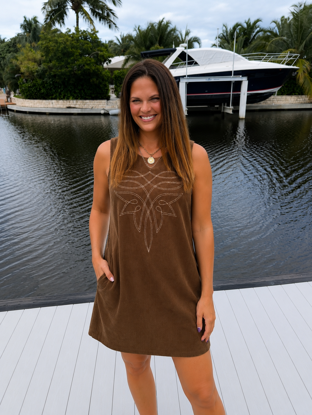 PREORDER: Western Charm Embroidered Corduroy Shift Dress (ETA: Late August / Early September)