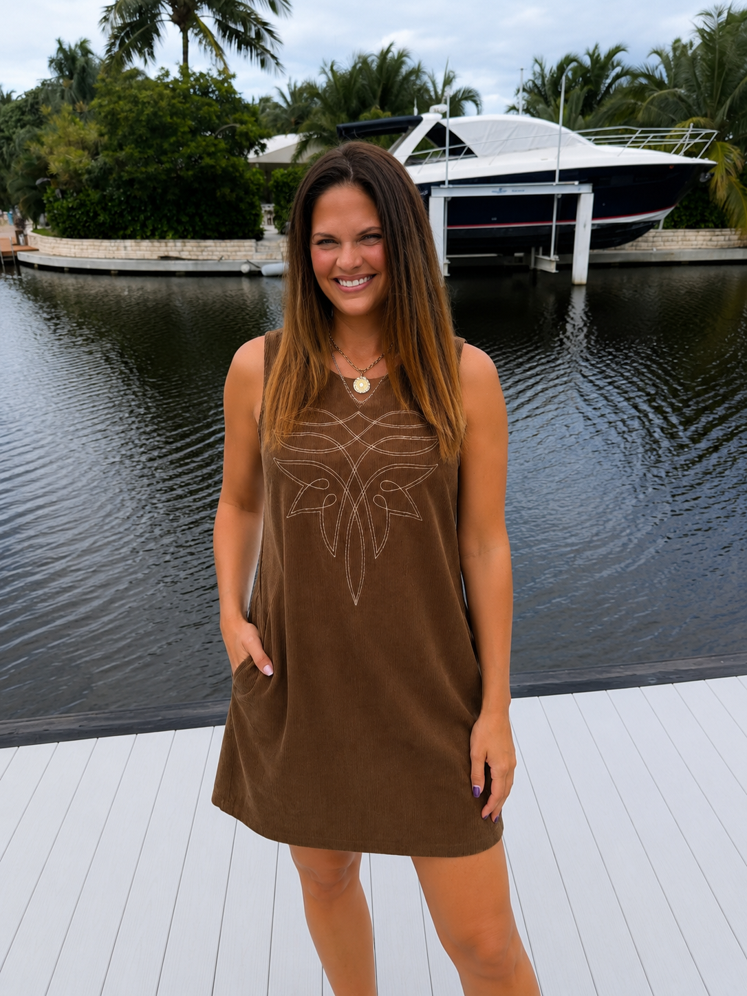 PREORDER: Western Charm Embroidered Corduroy Shift Dress (ETA: Late August / Early September)