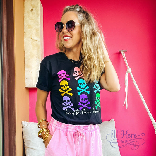 Spooky Vibes, Bright Hues: The 'Bad to the Bone' Colorful T-Shirt - BFF Here