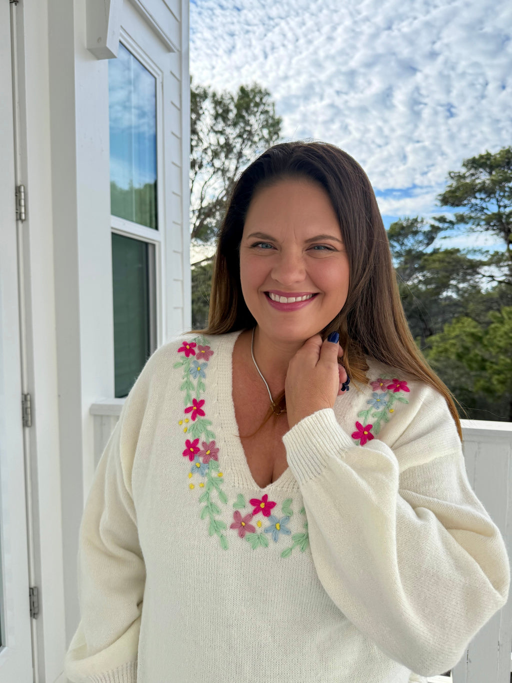 Relaxed Fit V Neck Sweater with Floral Embroidery by Sew In Love (Ships 2-3 weeks) - BFF Here