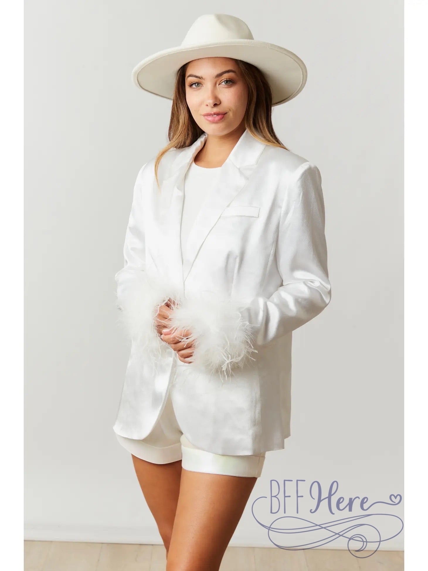 Glamorous Satin Blazer with Sleek Fur-Edged Sleeves - BFF Here