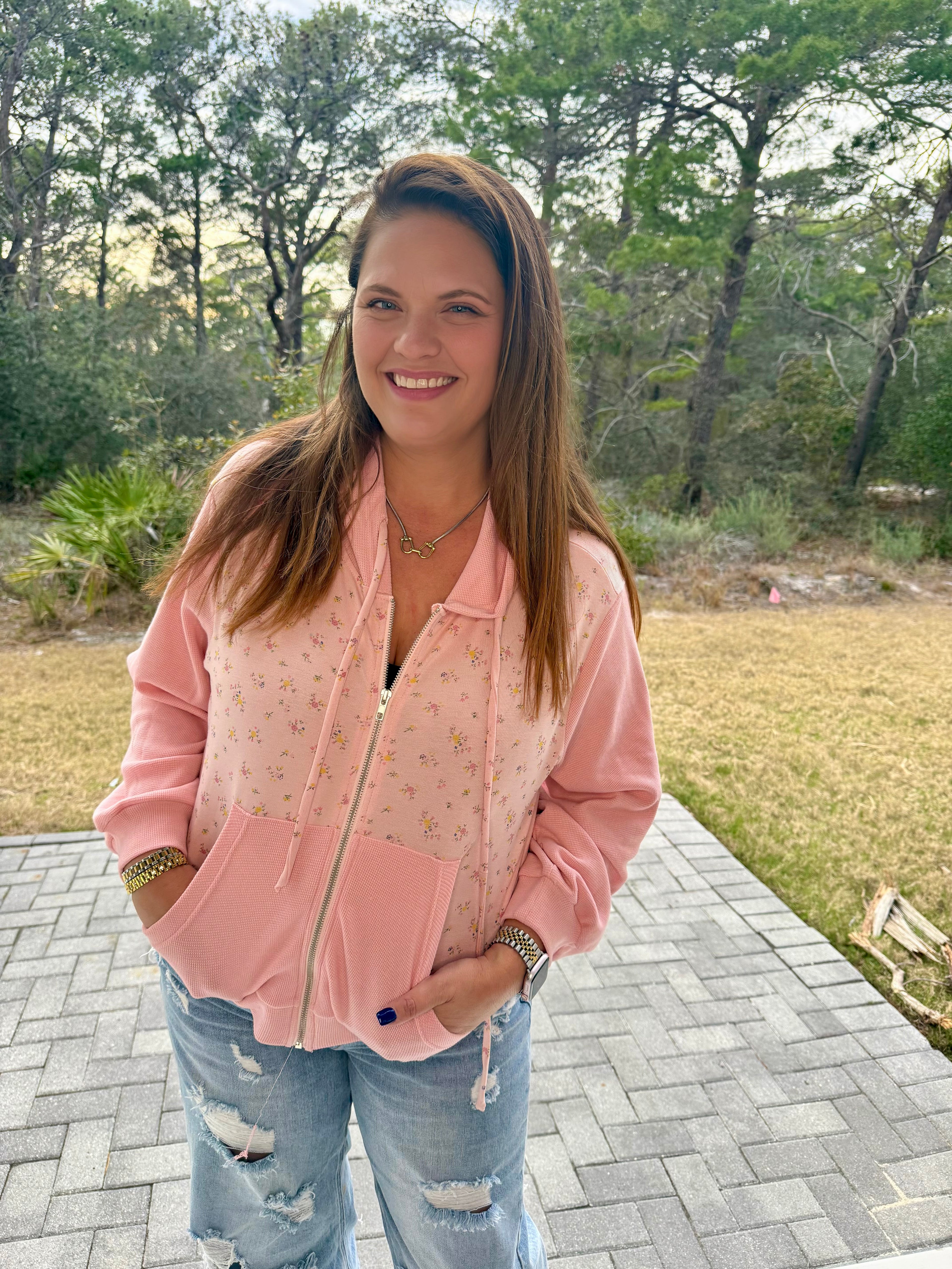 Thermal Contrast Cozy Texture Floral Print Knit Hoodie Top by POL (Ships 2-3 weeks) - BFF Here