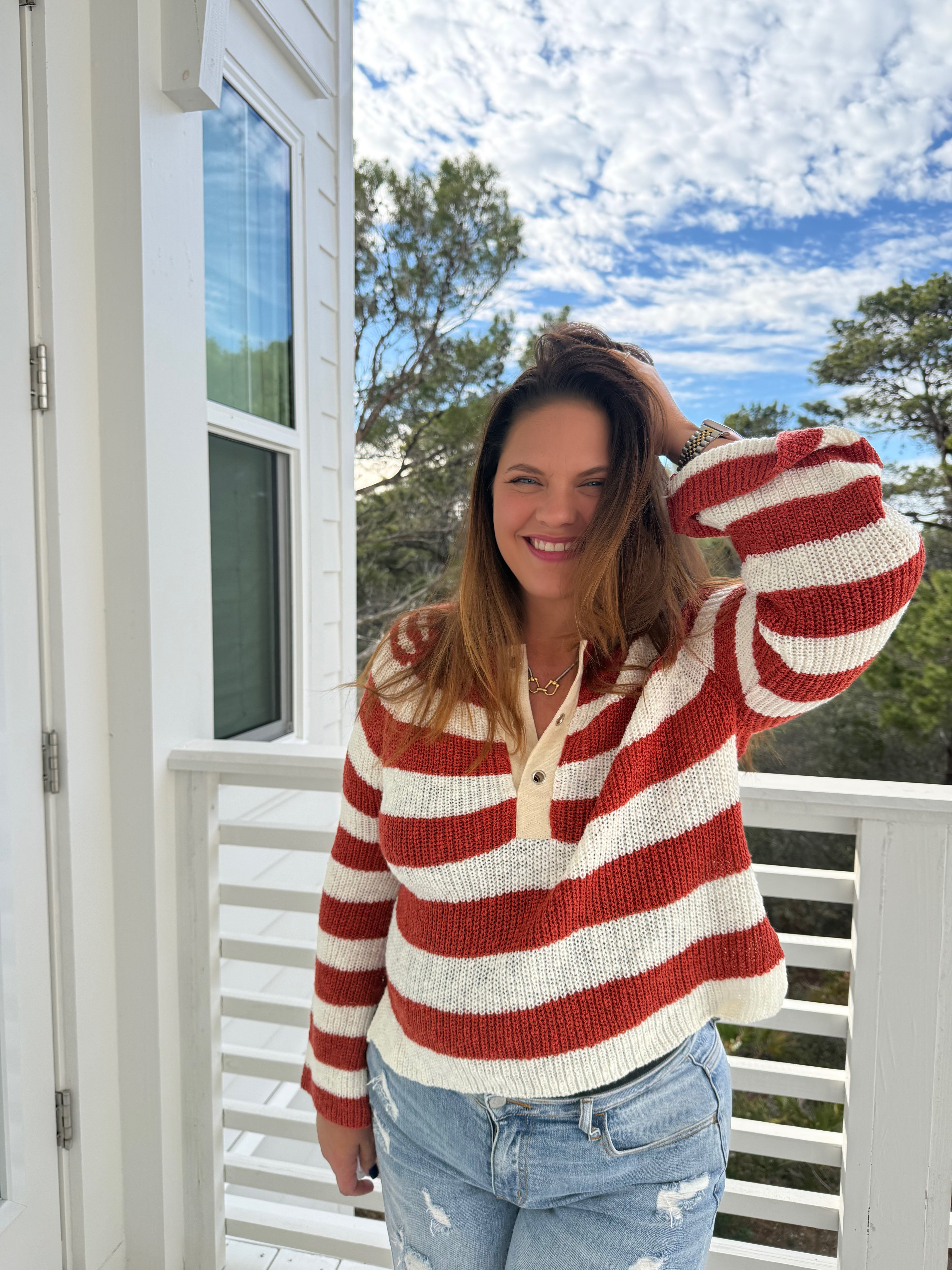 Relaxed Fit Henley Neck Striped Knit Top by Sew In Love (Ships 2-3 weeks) - BFF Here