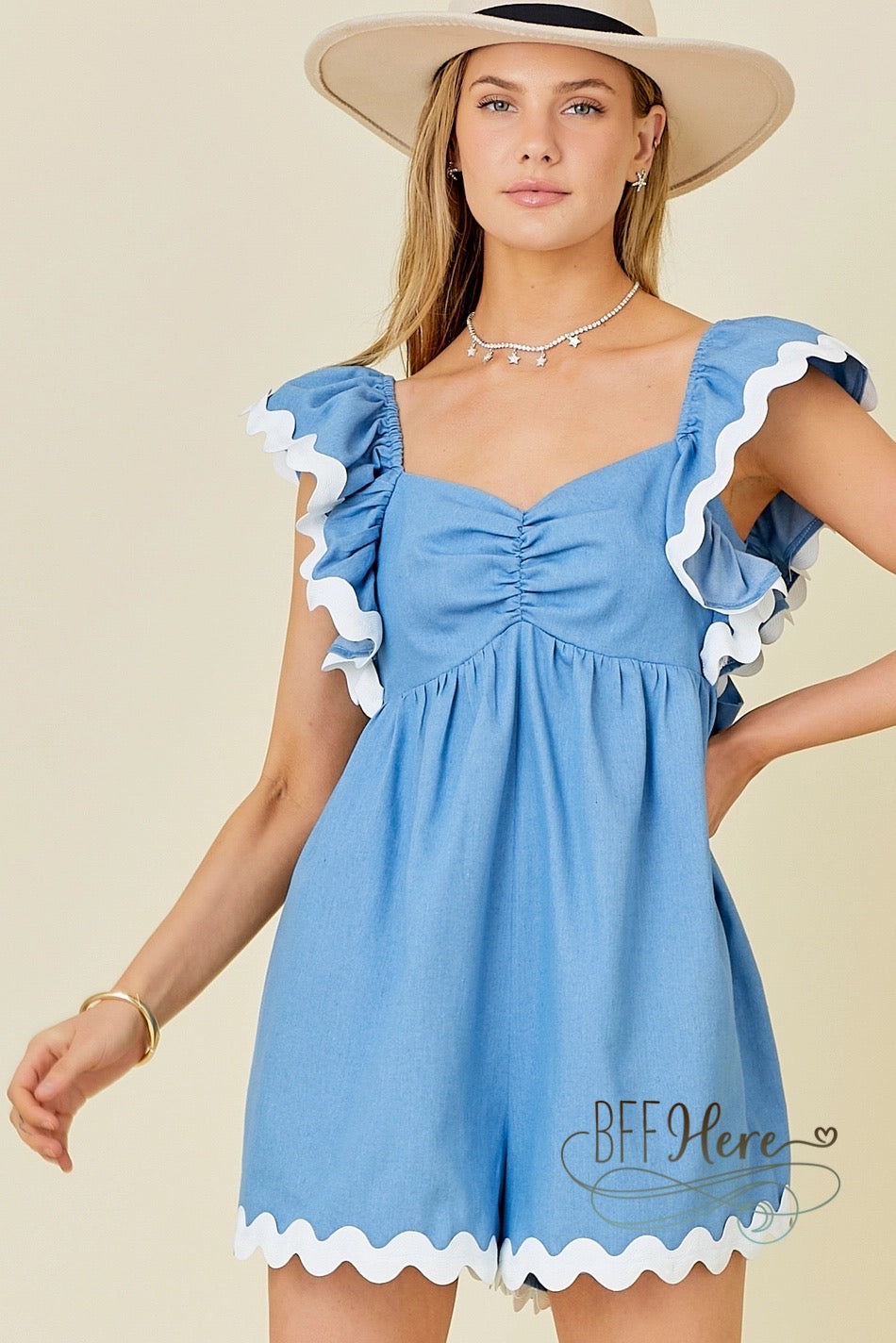 PREORDER: Blue Skies Ruffle Sleeve Romper (Ships Middle of July) - BFF Here