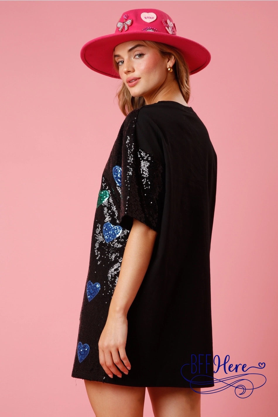 Color Burst: Rainbow Hearts Sequin T-Shirt Dress