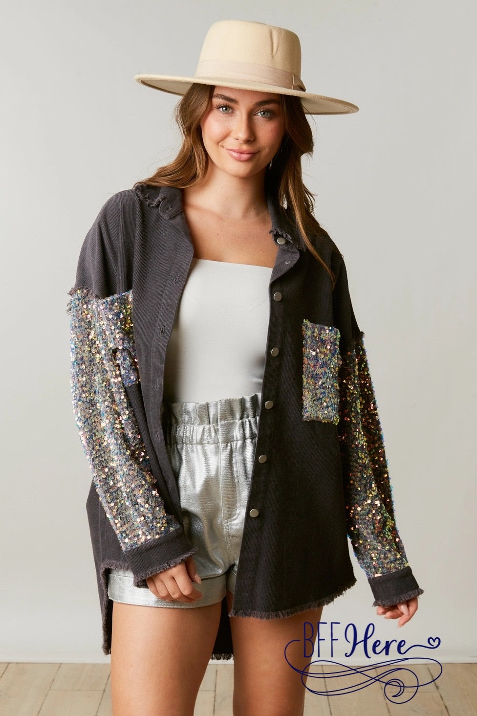 Sequin Sparkle Corduroy Shacket: Embellished Pockets & Sleeves - BFF Here