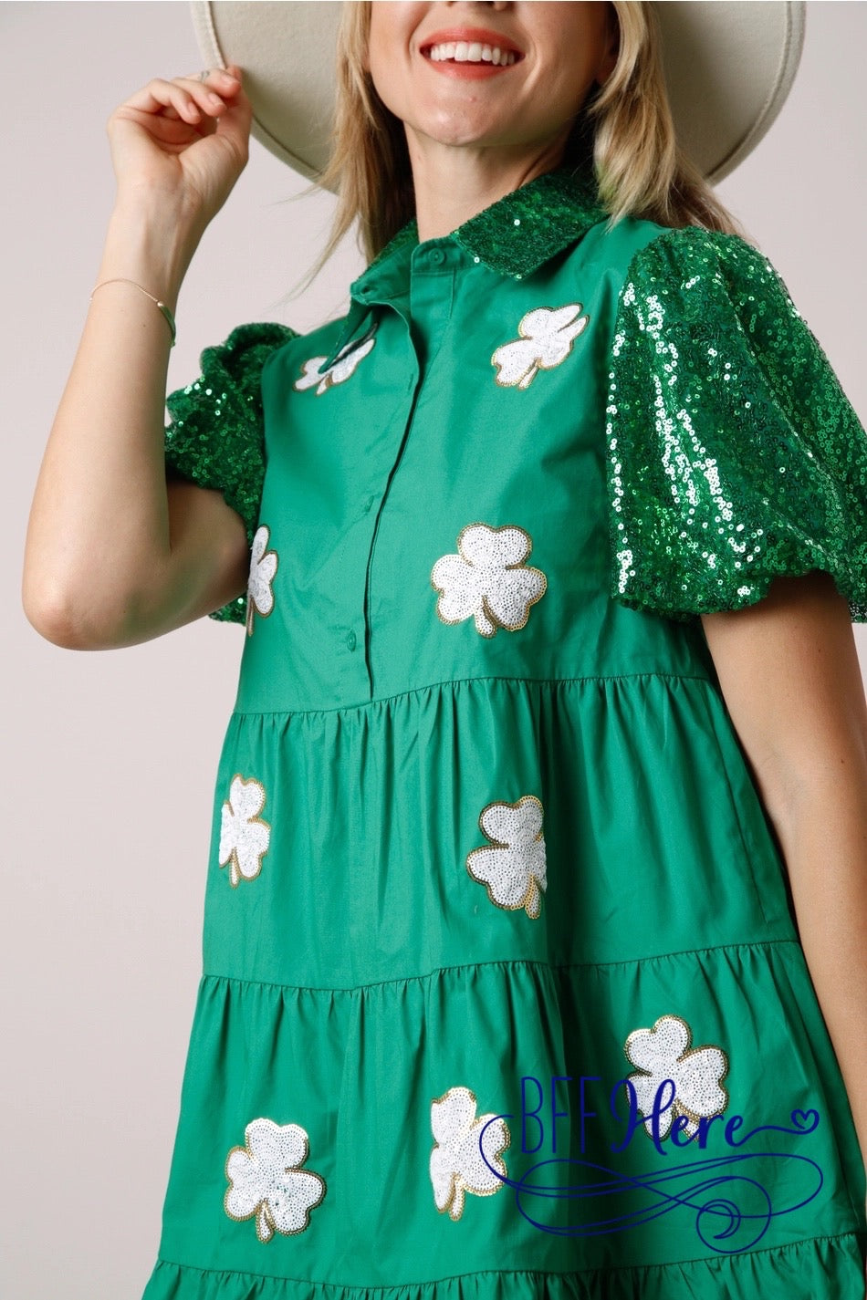 PREORDER: Shamrock Shimmer: St. Patrick's Sequin Clovers Shirt Dress (Ships End of January) - BFF Here