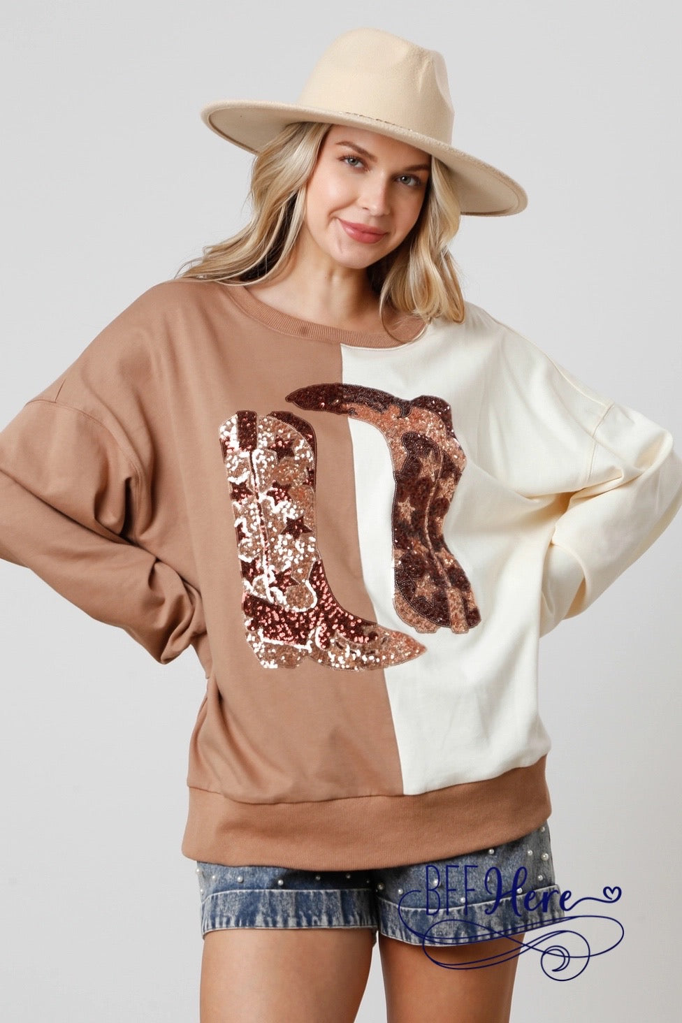 Western Harmony: Tan and Cream Colorblock Cowboy Boot Top - BFF Here