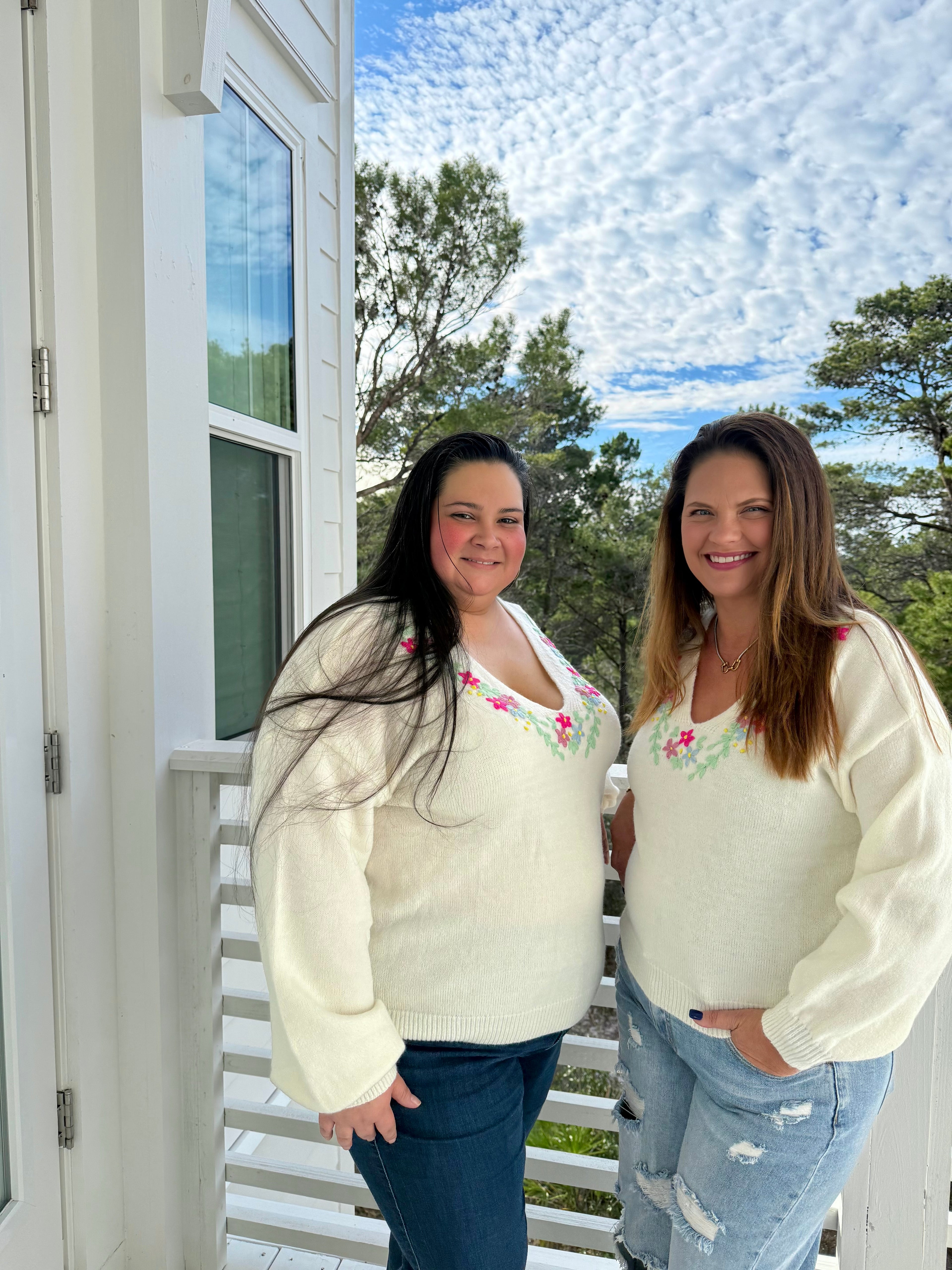 Relaxed Fit V Neck Sweater with Floral Embroidery by Sew In Love (Ships 2-3 weeks) - BFF Here