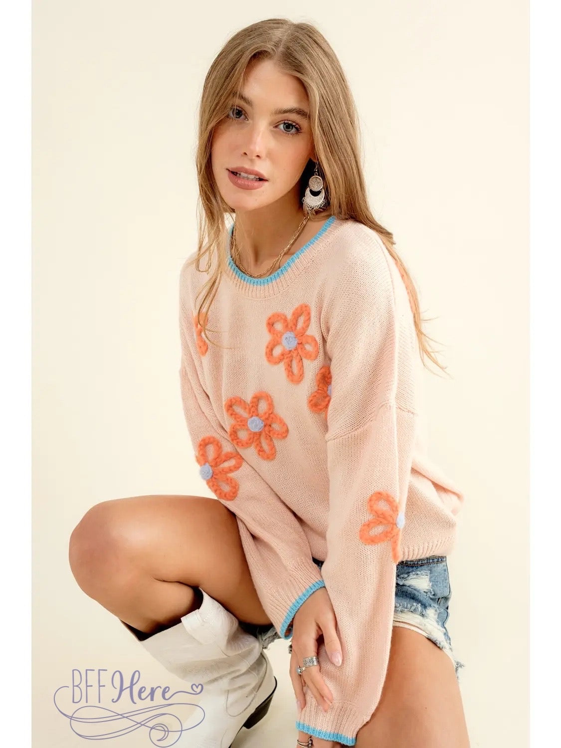 PREORDER:  Blossom Bliss: Sweater Pullover with Flower Accents (Ships End of August) - BFF Here
