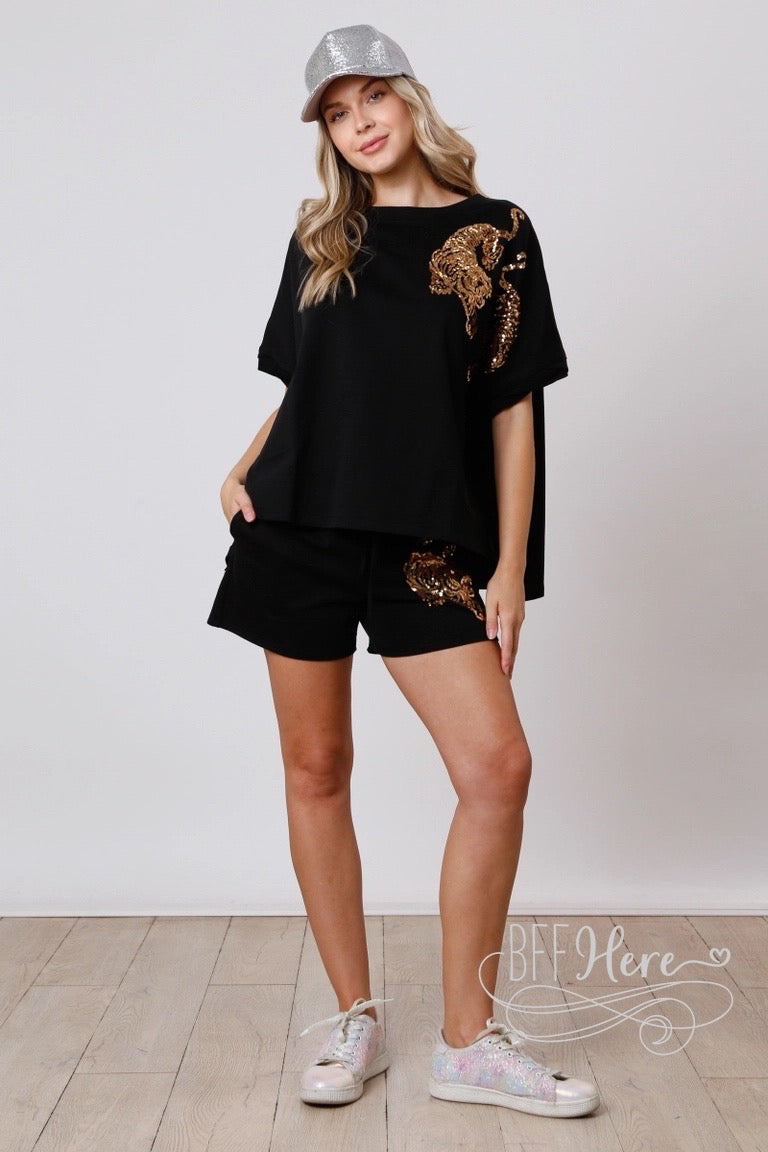 PREORDER: Jungle Glitz: Sequin Tiger Print Shorts / (Ships End of January) - BFF Here