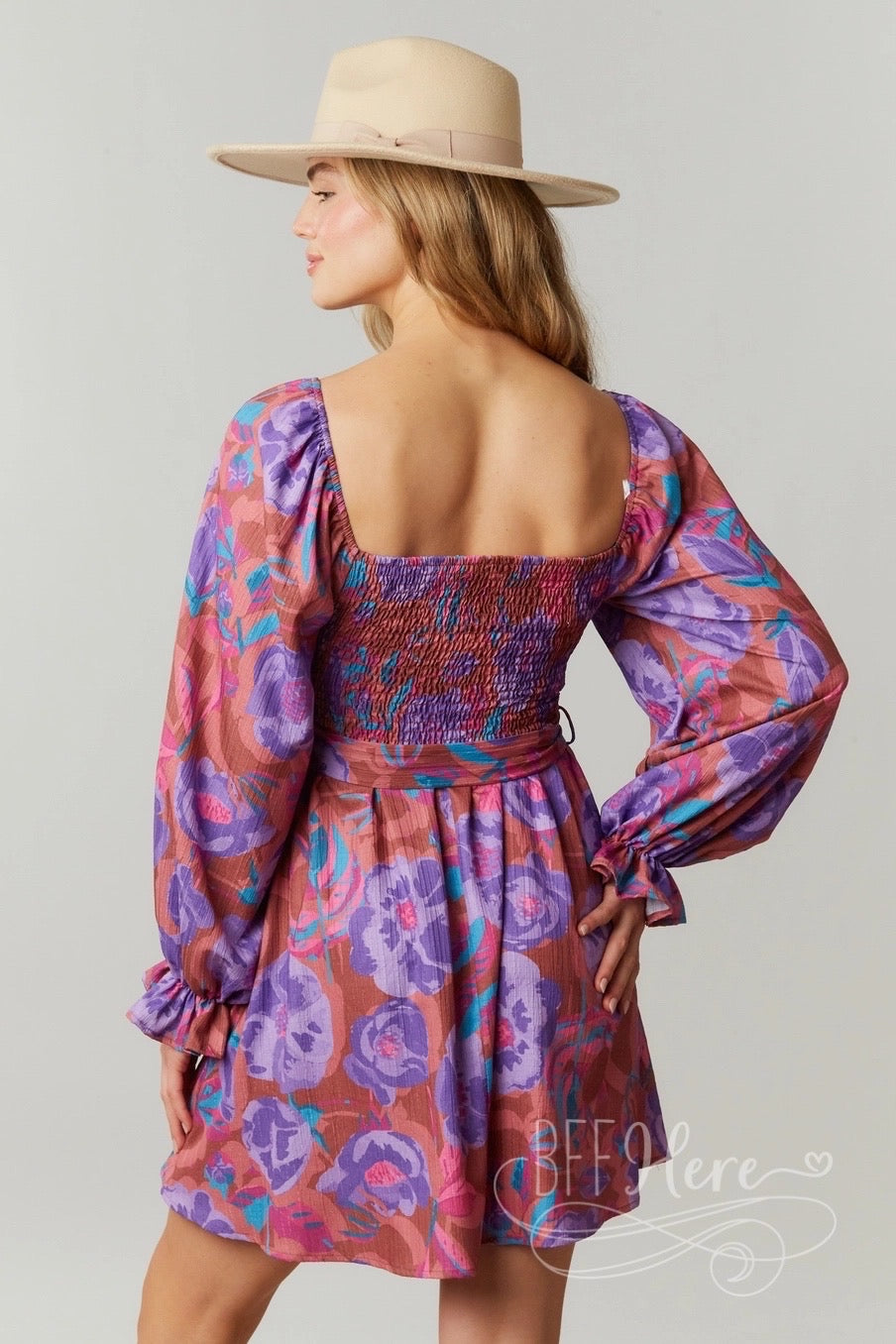 Romantic Garden: Whimsical Floral Smocked Dress with Chic Puff Sleeves - BFF Here