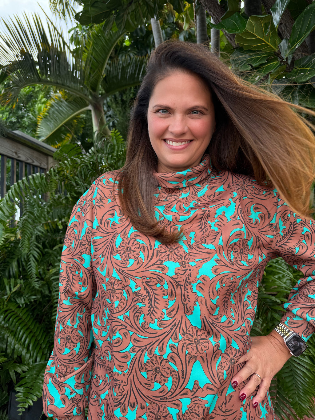 Turquoise Tooled Mock Neck Top by Sterling Kreek - BFF Here