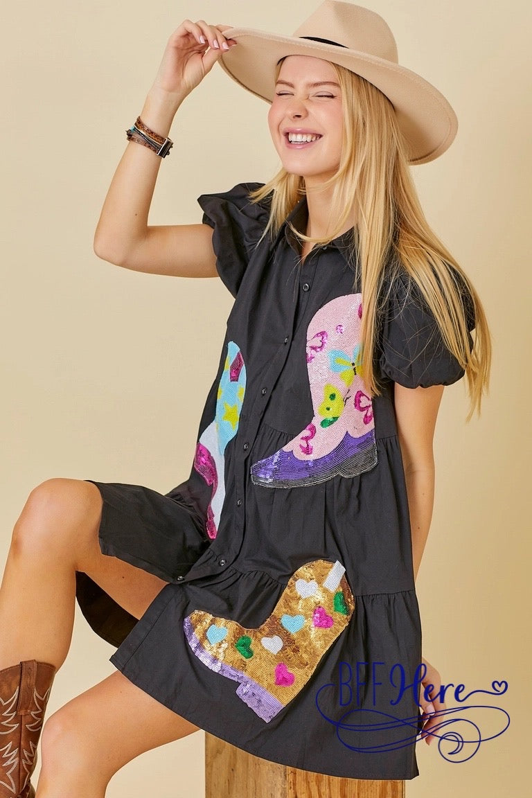 PREORDER: Midnight Sparkle: Black Dress with Sequin Boots (Ships Middle of February) - BFF Here