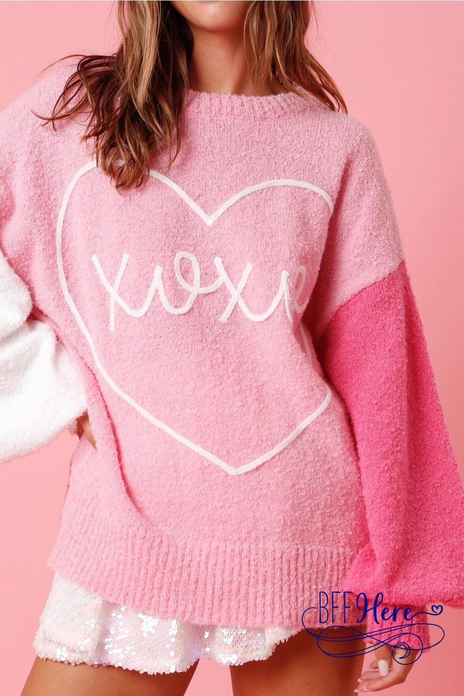 Hugs & Kisses Charm: 'XOXO' Color Block Cozy Sweater - BFF Here