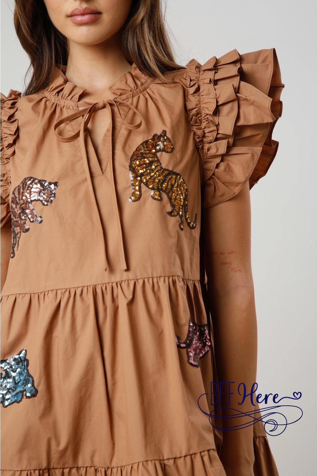 Glittering Jungle: Sequin Tiger Tiered Mini Dress / Choice of Color - BFF Here