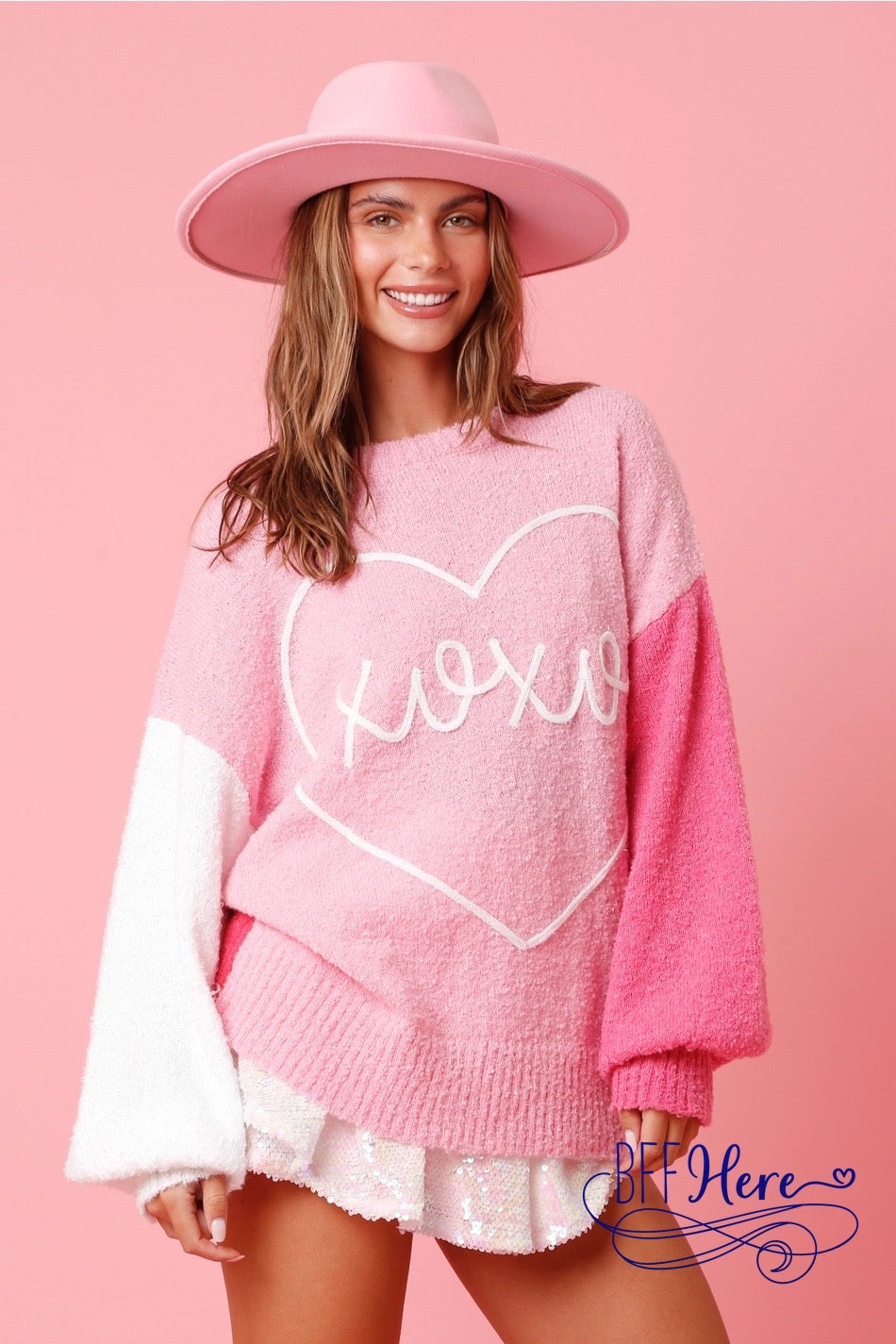Hugs & Kisses Charm: 'XOXO' Color Block Cozy Sweater - BFF Here