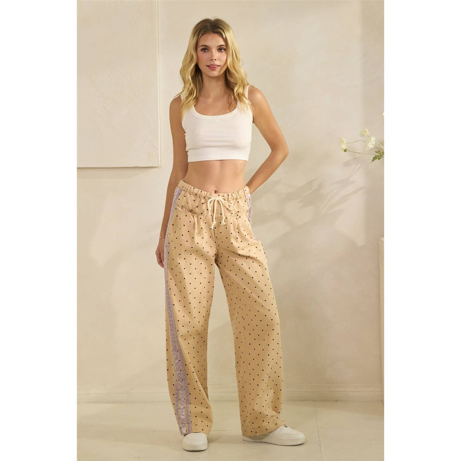 Polka Dot Pants with Satin Contrast Accents - BFF Here