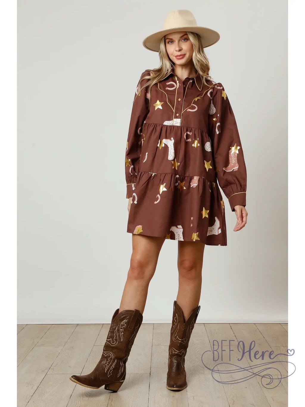 PREORDER: Country Charm: Boot & Horseshoe Print Shirt Dress (Ships Beginning of November) - BFF Here