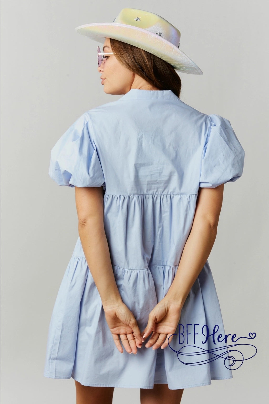 Bubbly Elegance: Champagne Sequin Patch Babydoll Mini Dress - BFF Here