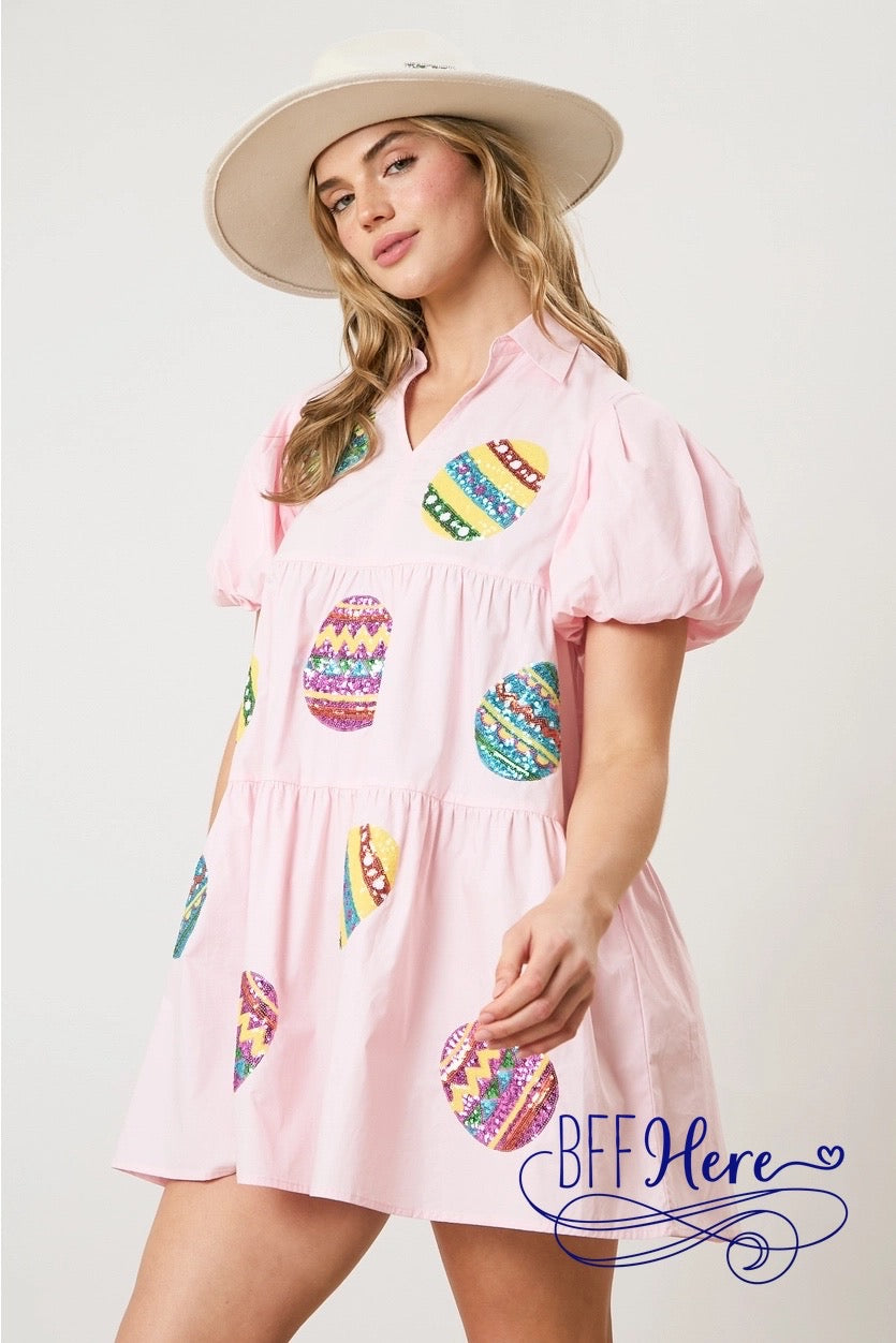 PREORDER: Glittering Egg Hunt: Sequin Easter Poplin Shirt Dress (Ships End of February) - BFF Here