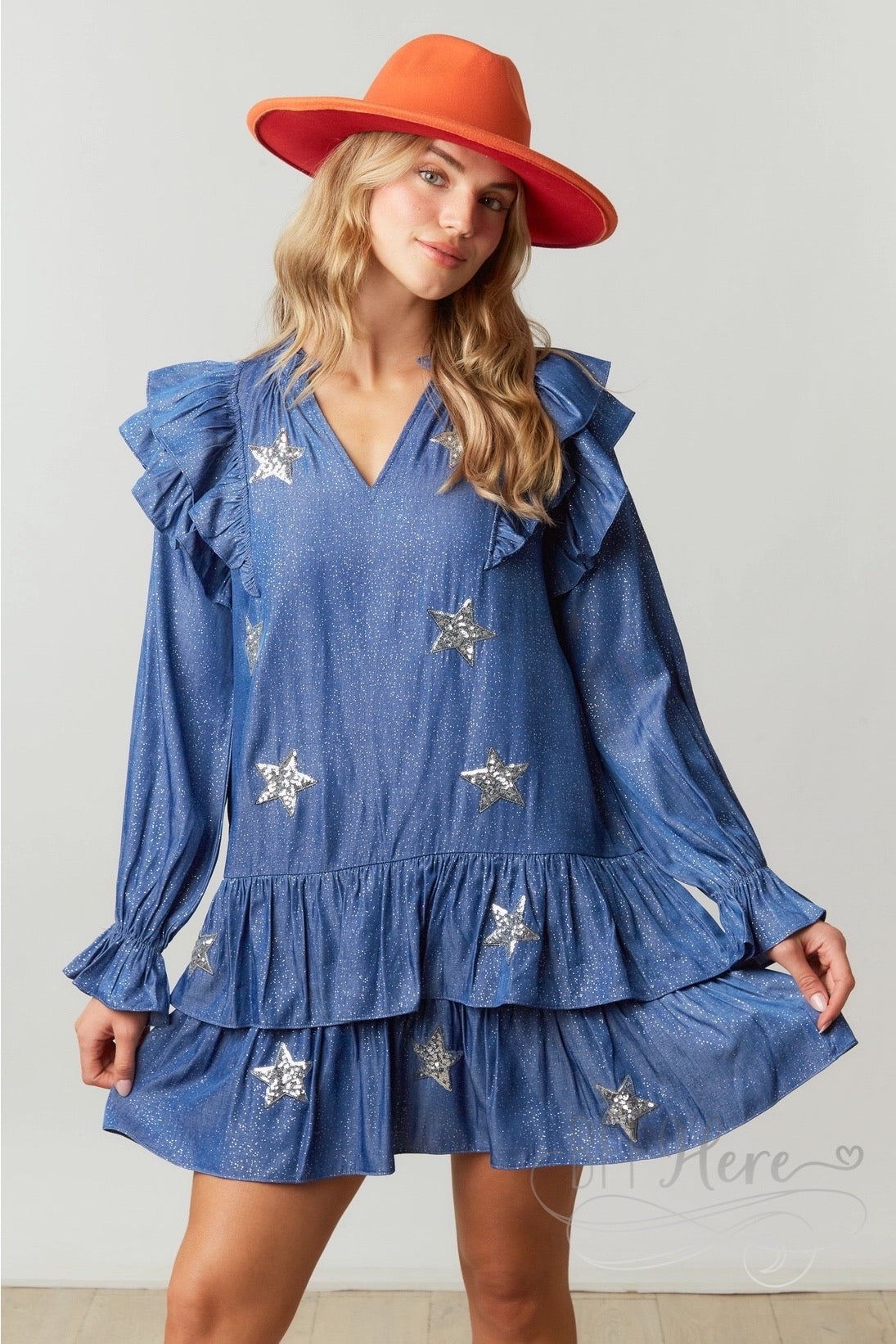 Glistening Starlight Chambray Dress with Delicate Ruffle - BFF Here