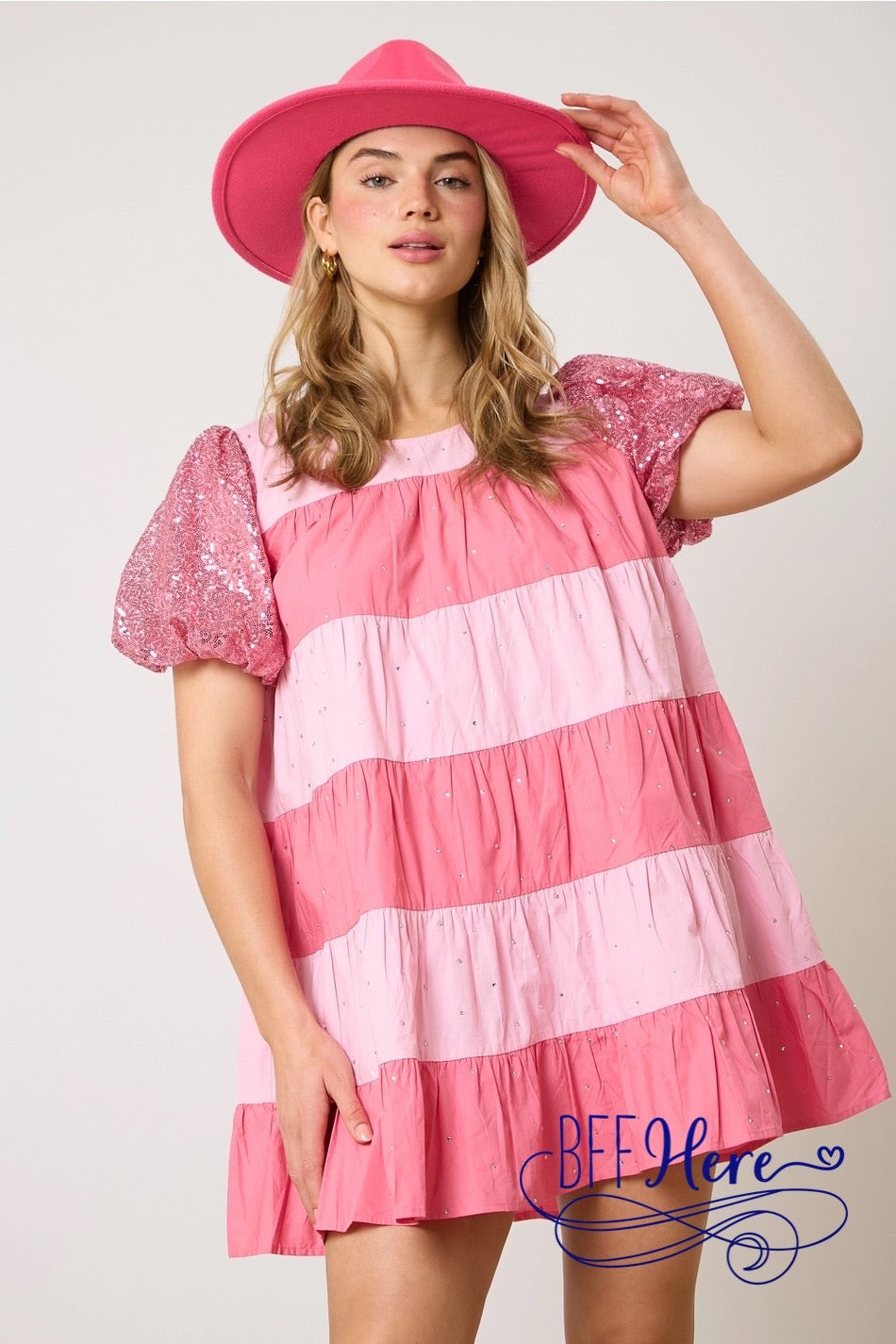 Blushing Layers: Pink Color Block Sequin Tiered Dress - BFF Here