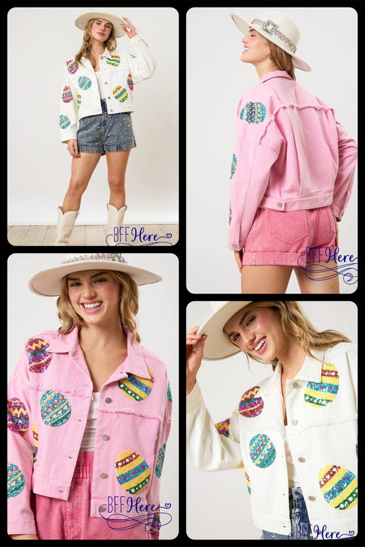 PREORDER: Egg-cellent Shine: Sequin Egg Twill Jacket (Ships End of February) - BFF Here