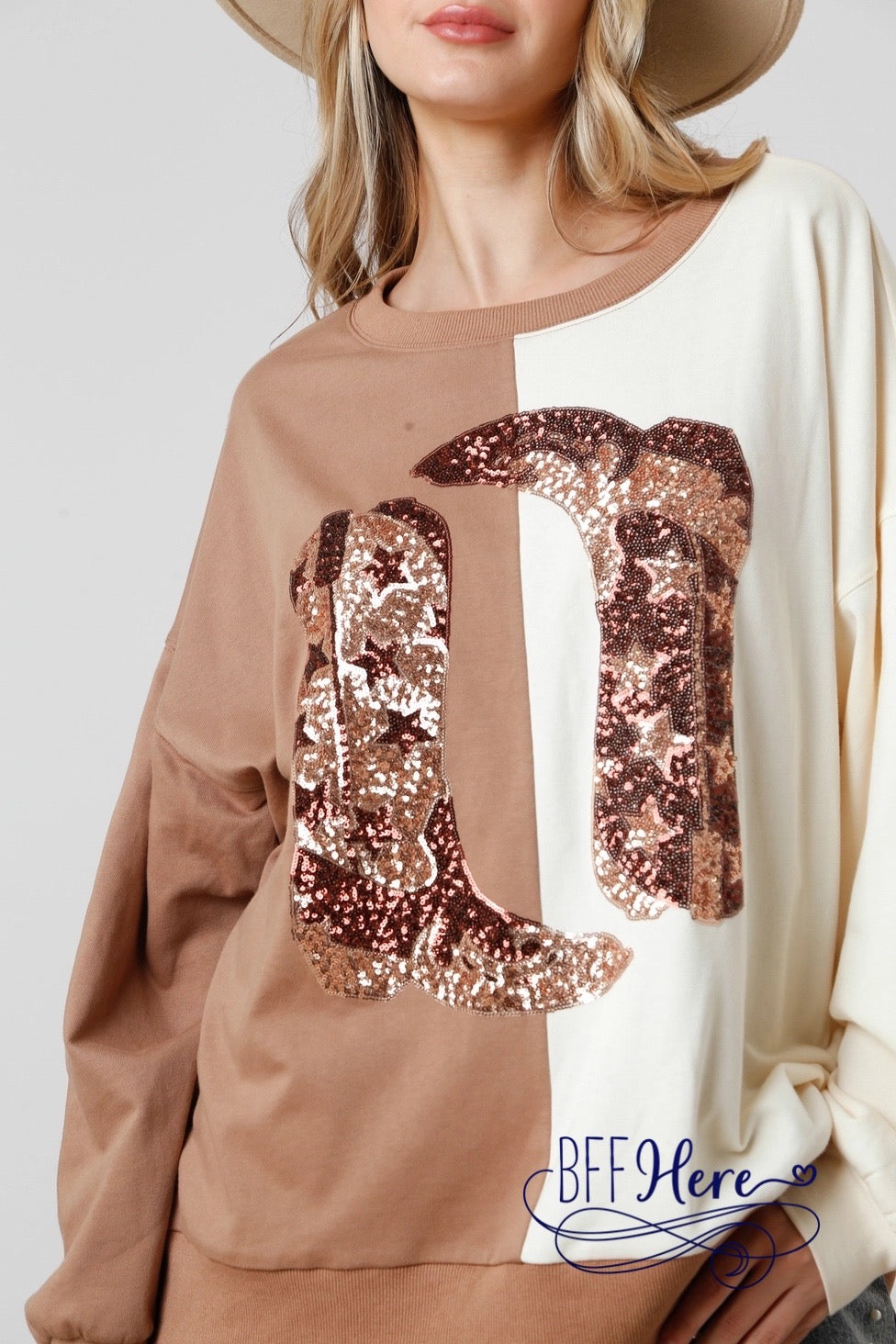 Western Harmony: Tan and Cream Colorblock Cowboy Boot Top - BFF Here